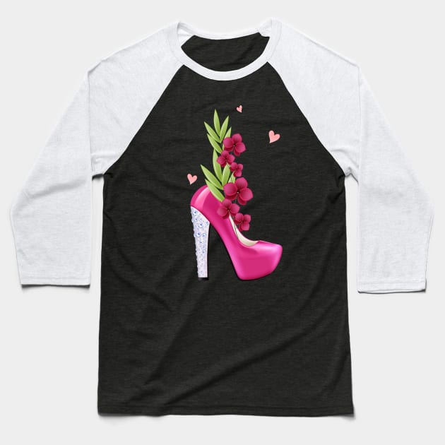 Womens Pink High Heels with Flowers for Women and Confident Girls Baseball T-Shirt by Productcy